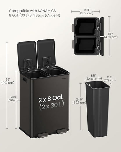 SONGMICS Trash Can, 2 x 8 Gallon Dual-Compartment Garbage Can