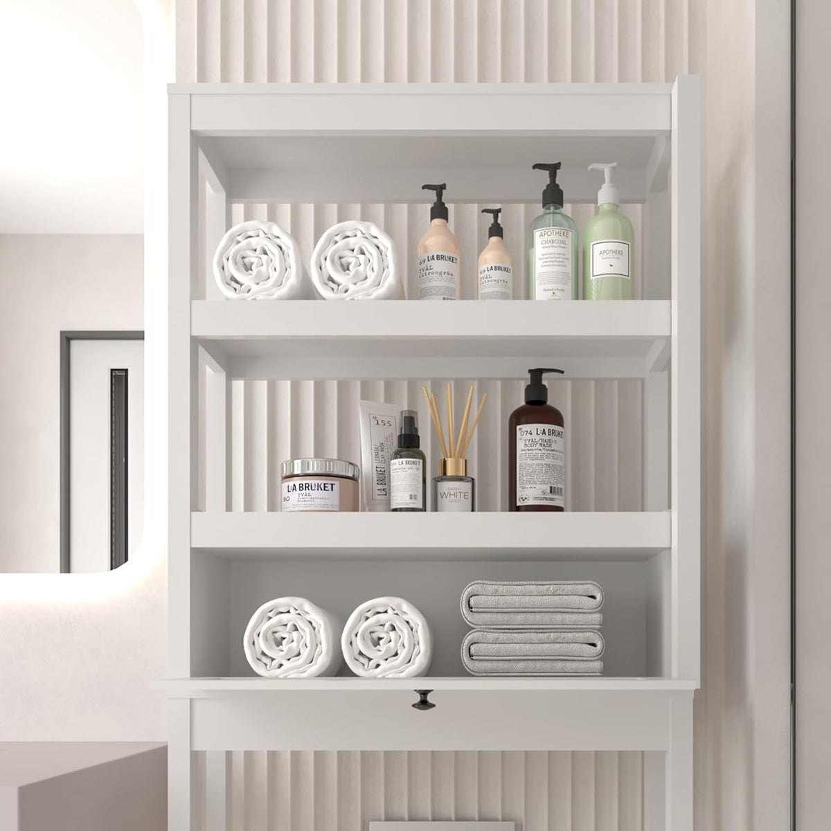 Over The Toilet Storage Cabinet, 3-Tier Bathroom Organizer with Rattan Door, Wooden Space Saver for Restroom, Bathroom, Laundry