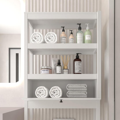 Over The Toilet Storage Cabinet, 3-Tier Bathroom Organizer with Rattan Door, Wooden Space Saver for Restroom, Bathroom, Laundry