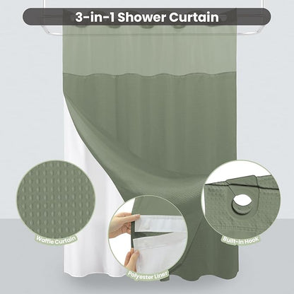 Inhousolu Stall No Hook Shower Curtain with Snap in Fabric Liner Set Waffle Weave 230GSM Weighted Hem, Waterproof & Washable Bathroom Curtain Spa Luxury with Mesh Top Window 36" W x 72" L Sage Green