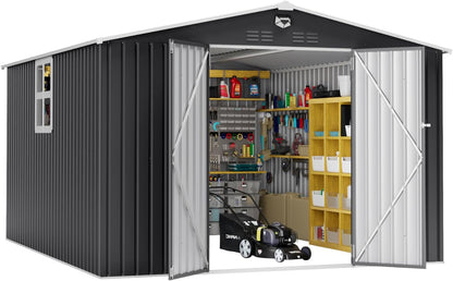 10x12 FT Outdoor Storage Shed, Metal Garden Shed - Tool Storage Sheds with Lockable Doors & 1 Clear Window, Waterproof Outside Storage Building for Backyard, Patio (Black; Floor Not Included)