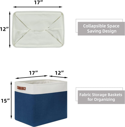 HNZIGE Storage Baskets for Organizing, Set of 2, Foldable Storage Bins Navy Blue Tall Baskets for Shelves, Canvas Collapsible Storage Bins with Handles for Storage Closet Linen(White Blue)