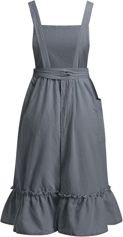 ODIZLI Frill Apron for Women Cotton Cross Back Vintage Ruffle Apron for Garden Cooking Aprons