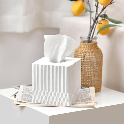 White Tissue Box Cover Square, Tissue Box Holder for Bathroom Countertop,Vanity, Tabletop, Bedroom Night Stand,Office and Living Room Decorative - Modern Geometric Striped Tissue Paper Dispenser