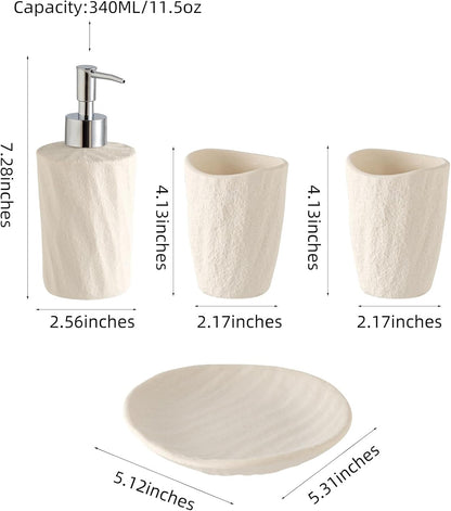 Bathroom Accessories Set, 4 PCS Modern Stone Look Bathroom Accessory Set with Hand Soap Dispenser 11.5 OZ, Tumblers, Toothbrush Holder, Bar Soap Dish Holder Saver (White)