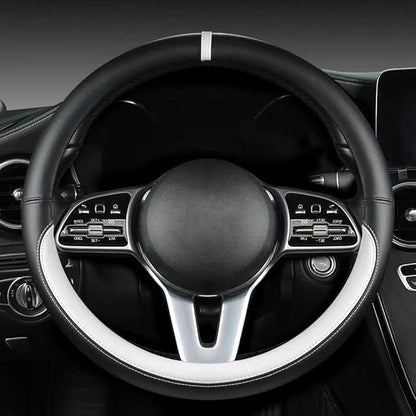 Morandi Color Steering Wheel Cover, Nappa Leather, Fashionable Sporty Style, Universal 15 inches,Black and White