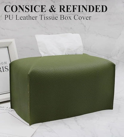 Livelab Tissue Box Cover, Rectangular Modern Decorative PU Leather Tissue Box Case Organizer Holder for Vanity Countertop, Night Stands, Livingroom, Office Desk & Car 9.5X5X5'' | Olive Green