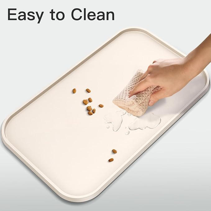 Feedoo Pet Feeding Mat [Warped Resistant Raised Edge], Water-Proof Silicone Placement for Food Water Bowls, Anti-Slip Base Protect Floor, BPA-Free&Dishwasher-Safe [23.5x13.5inch Large, White Sand]