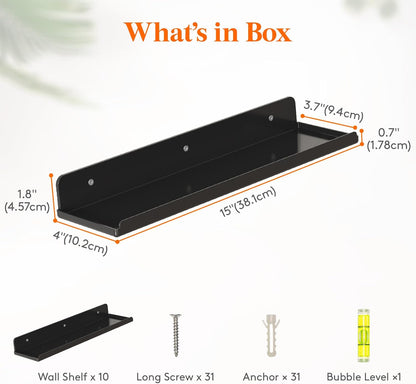 Lifewit Floating Shelves for Wall, 10 Pack Black Acrylic Shelf 15" Room Decor for Bookcase/Vinyl Record Display/Photo/Picture in Bedroom, Living Room, Bathroom, Kitchen Storage and Organization
