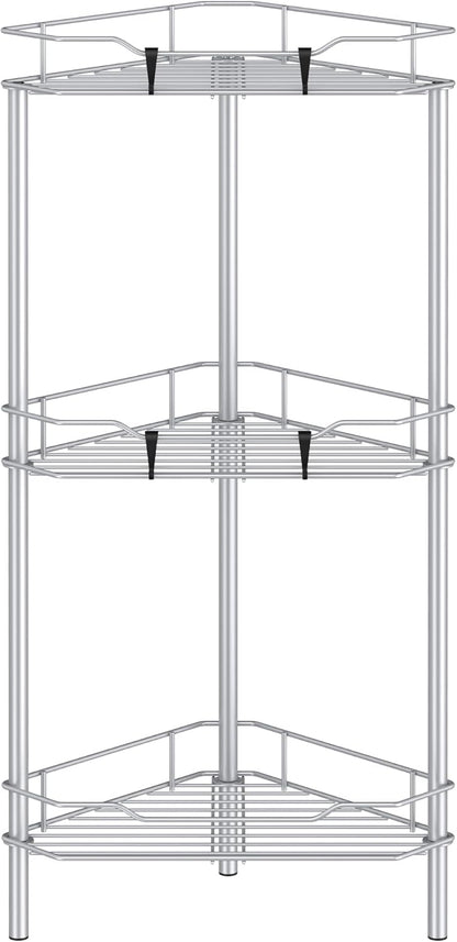 3 Tier Floor Standing Corner Shower Caddy Organizer Shelf with Hooks, Bathroom Shelves Stand Rack, Silver