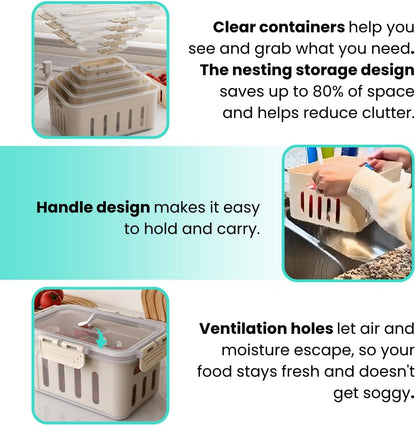 5-Pack Fruit Containers for Fridge Keep Fresh – Airtight Food Containers with Lids, Produce Saver with Removable Colander, Fridge Organizers, Microwave & Dishwasher Safe (Cream)