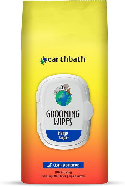 earthbath, Mango Tango Grooming Wipes - Dog Wipes for Paws and Butt, Best Pet Wipes for Dogs & Cats, Made in USA, Cruelty-Free Dog Cleaning Wipes, Removes Dirt & Dander - 100 Count (1 Pack)