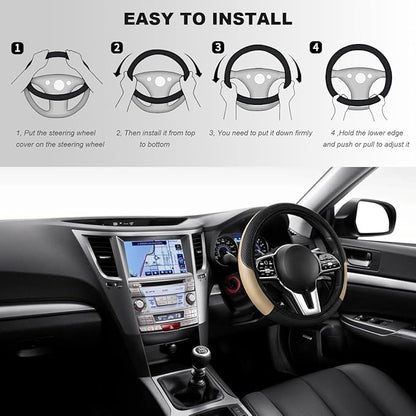 Car Steering Wheel Cover, 15 Inch Carbon Fiber Elastic Vehicle Steering Wheel Protector, Breathable Leather Auto Wheel Covers for Women Men, Interior Car Accessories (Beige, AD)