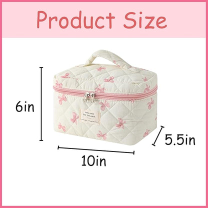 uekeboag Large Travel Quilted Makeup Bag for Women, Floral Cotton Cosmetic Bag, Coquette Aesthetic Floral Toiletry Organizer Bag