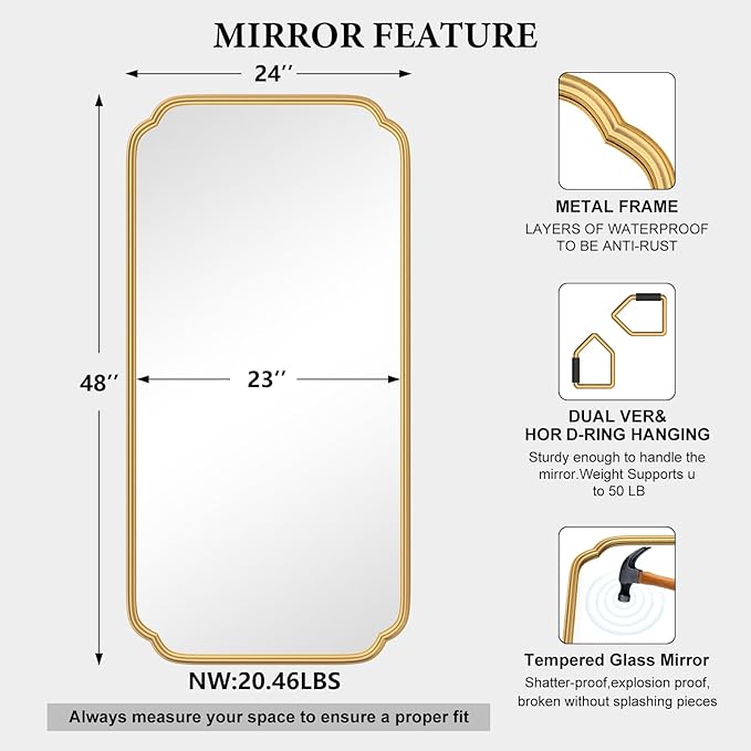 Gold Wall Mirror 48 x 24 Inch Bathroom Vanity Mirror