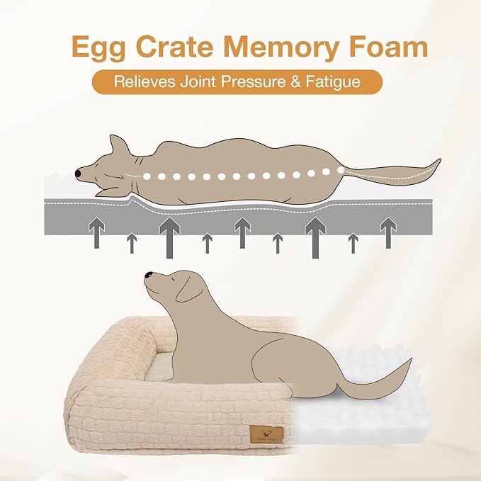 Plush Orthopedic Dog Bed for Medium Large Dogs, Memory Foam Bolster Sofa Bed with Removable Washable Cover, Waterproof Lining & Non-Slip Bottom (Tan-M)