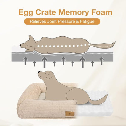 Plush Orthopedic Dog Bed for Medium Large Dogs, Memory Foam Bolster Sofa Bed with Removable Washable Cover, Waterproof Lining & Non-Slip Bottom (Tan-M)