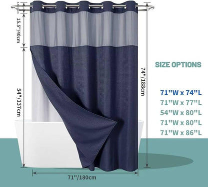 eachope Navy No Hook Waffle Weave Shower Curtain with snap-in Liner Replacement, 230GSM Waterproof Fabric Hotel Shower Curtain Set for Bathroom, Through Mesh Top Window,71Wx74H