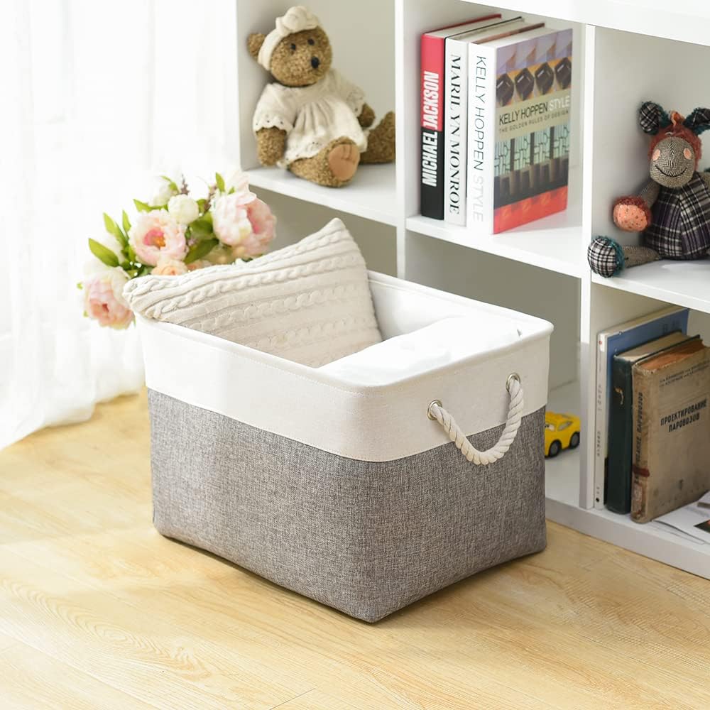Storage Basket for Shelves - 17X15X12 inch 2 Pack Fabric Cube Storage Bin Collapsible Baskets for Organizing with Rope, Storage Box for Cloth Decorative (White & Grey)