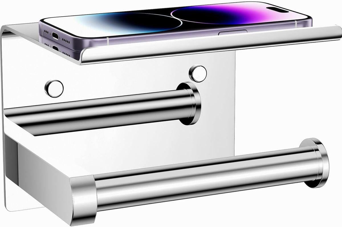 Tindbea Toilet Paper Holder with Phone Shelf, Adhesive or Screw Wall Mount Toilet Tissue Roll Holder, Rustproof & Multifunctional Stainless Steel Bathroom Storage Dispenser (Polished Chrome)