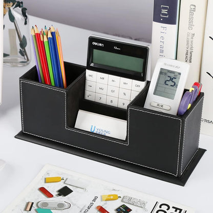 KINGFOM Office Supplies Desk Organizer PU Leather Storage Box 4 Divided Compartments for Pen Business Card Remote Control Mobile Phone Cosmetics Collection Holder (Black)