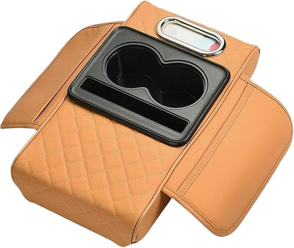 Car Center Console Cover for Hyundai Tucson 2021-2024, Leather Armrest Cushion Protector Pad with Tissue Box Holder Storage Pockets Cup Holder Phone Slot, G/Orange