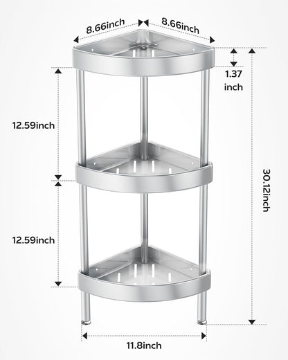 Nieifi Corner Shower Caddy Stand-3 Tier Rustproof Anodized Aluminum Standing Shower Organizer-Shower Caddy Corner-Dual Stability to Anti-Shaking-Height-Adjustable Legs for Uneven Surfaces-Silver