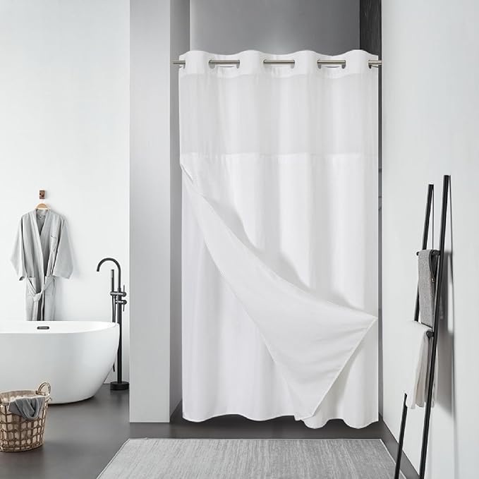 eachope White No Hook Waffle Weave Shower Curtain with snap-in Liner Replacement, 230GSM Waterproof Fabric Hotel Shower Curtain Set for Bathroom, Through Mesh Top Window,60Wx74H
