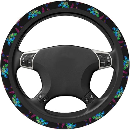 Sea Turtle Steering Wheel Cover with 2 Car Coasters Non Slip Neoprene for Women Men Universal 15 Inch