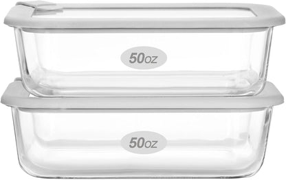 Glass Food Containers with Glass Lid, Microwave Safe Food Storage Container Set, 2 Pack of 50oz, Large Size Airtight Storage Set with Leak Proof Lids, Meal Prep Containers