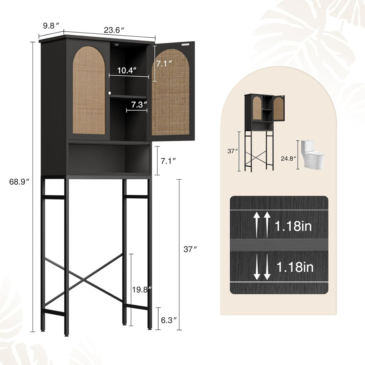 Rattan Toilet Storage Cabinet, Over The Rack Wood Cabinet with Metal Stand, Bathroom Organizer with Adjustable Shelf, Tall Freestanding Washer Shelf, Small Cupboard, Black