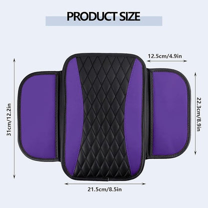 Leather Car Center Console Cover,Upgraded Center Console Cushion Pad with Side Pockets,Patchwork Arm Rest Cover for Car,Waterproof Armrest Seat Box Covers,Universal for Most Vehicles (Purple)