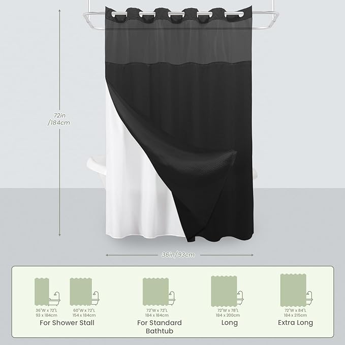 Inhousolu Stall No Hook Shower Curtain with Snap in Fabric Liner Set Waffle Weave 230GSM Weighted Hem, Waterproof & Washable Bathroom Curtain Spa Luxury with Mesh Top Window 36" W x 72" L Black