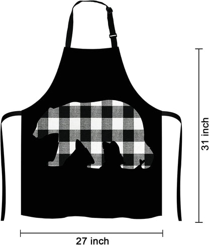 Black and White Buffalo Plaids Bear Apron Home Kitchen Waterproof Cooking Baking Gardening for Women Men