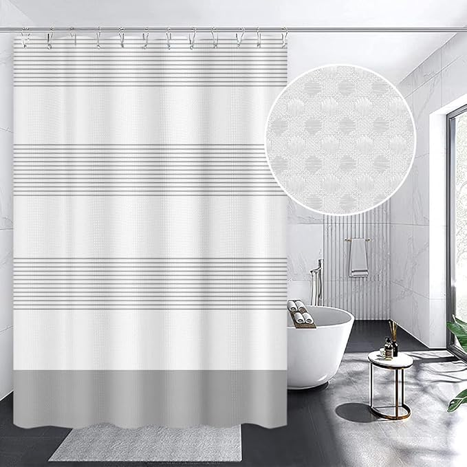 ggaimwf 36x71 Inch Striped White Grey Waffle Shower Curtain Plaid Texture Nautical Stall Bath Curtain Rustic Farmhouse Boho Neutral Bathtub Curtain for Kids Bathroom Decor Waterproof with Hooks