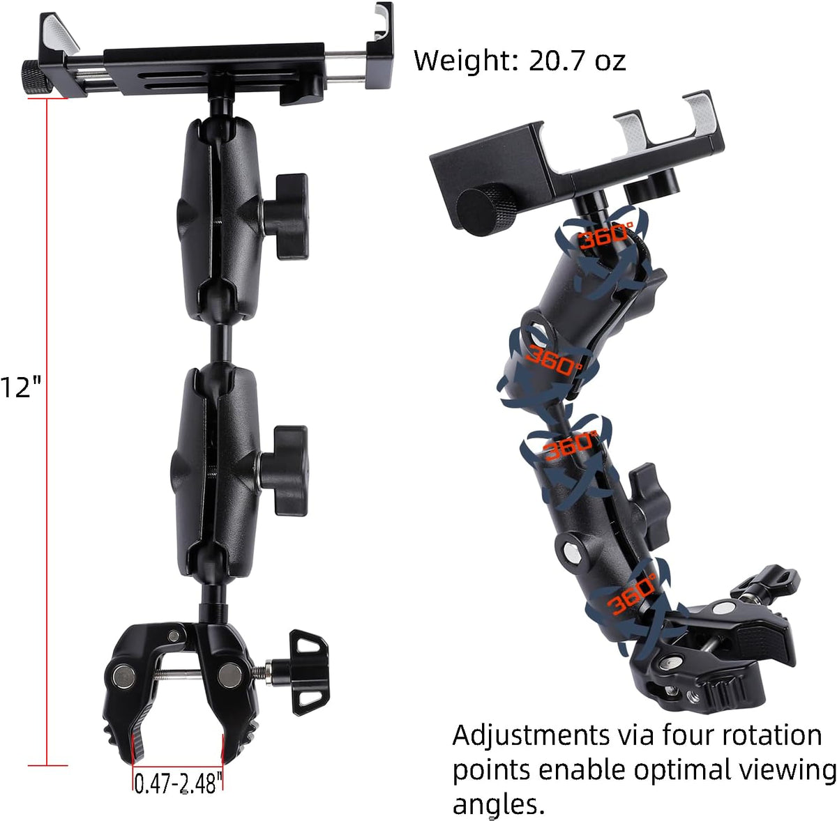 Aluminum Dual Arm Tablet Mount with Super Clamp for Rails 0.5'' to 2'' in Diameter, Side Mount Tablet Holder for Mic Stand, Compatible with iPad Pro 12.9 Air Mini, Galaxy Tab, 4.7-12.9" Tablets