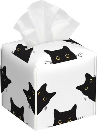 BLYKVGHQ Black Cat Tissue Box Cover Square, Tissue Box Holder with Bottom Belt Leather Facial Paper Organizer Dispenser for Bathroom Bedroom Dresser Night Stand Tabletop