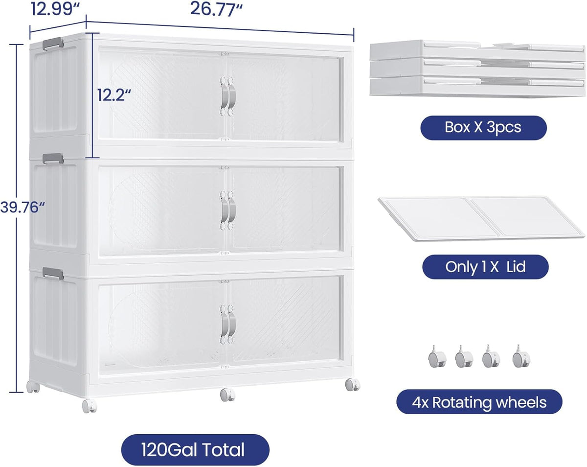360QT Extra Large Stackable Storage Bins with Lid & Wheels & Doors, 90Gal Foldable Collapsible Closet Organizers, Plastic Cabinet Box Container Drawer for Home Kitchen Bedroom, 3Pack White