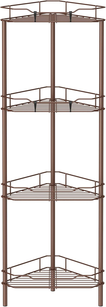 4 Tier Floor Standing Corner Shower Caddy Organizer Shelf with Hooks, Bathroom Shelves Stand Rack, Coffee