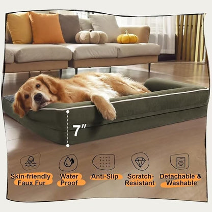 Large Dog Bed Orthopedic Washable - Removable Waterproof Cover Bed Pet - Large Big Dogs - Memory Foam - Couch Sofa with Removable Bolster - Dark Green Dog Bed