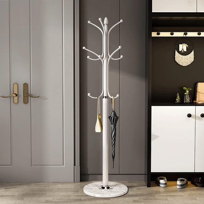 Kertnic Metal Coat Rack Stand with Natural Marble Base, Free Standing Hall Tree with 12 Hooks for Hanging Scarf, Bag, Jacket, Home Entry-way Hat Hanger Organizer (White)