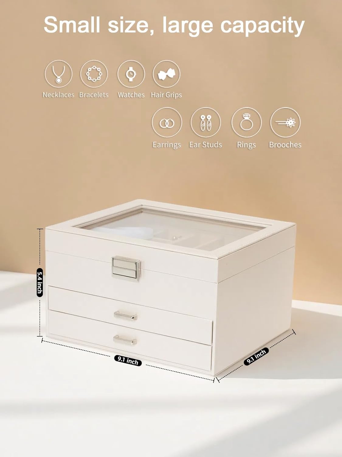 Clear Lid Jewelry Box,3 Layers Jewelry Organizer Large Multi-Functional Jewelry Storage Box with 2 Drawers,Jewelry Display Case of Rings Earrings Necklace Bracelets for Women Girls (Light gold)