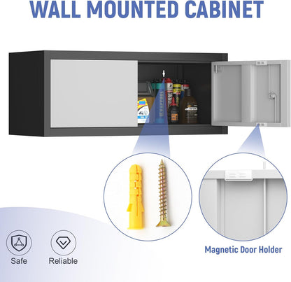 Metal Garage Storage Cabinet, Locking Cabinet Wall Mounted, 12.8" H Floating Cabinet for Warehouse, Upper Tool Cabinet for Home Office, Basement, Kitchen, RV Organization