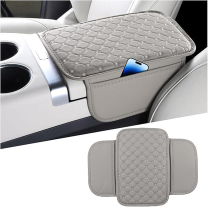 Bling Car Center Console Cover, Leather Crystal Rhinestone Vehicle Armrest Cushion Pad with Side Storage Bags, Scratch Resistant Auto Middle Console Protection Mat, Universal Fit (Gray)