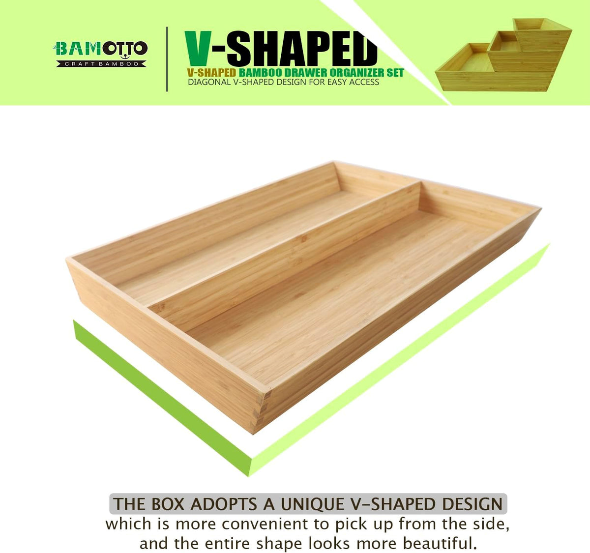 V-Shaped Bamboo Drawer Organizer Set of 3, Kitchen Large and Long Utensil Plate, Flatware & Silverware Storage Box, Wood Drawer Organizer for Bedroom, Living Room (19.6"x5.7" & 7.8" & 12.4")