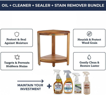EcoDecors SnazzyCorner 18" Teak Wood Corner Shower Shelf, Fully Assembled | Loveable Four Pack Bundle