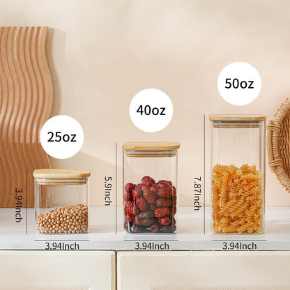 Glass Food Storage Containers with Lids 6 Pack(25oz/37oz/50oz), High Borosilicate Glass Jars for Coffee Bean, Candy, Cookie, Flour, Square