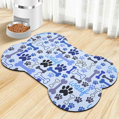 Dog Food Mats for Floors Waterproof, Pet Feeding Absorbent Water Bowl Mat Cat Placemats Blue Bone Shape 23.6 * 15.7 inch