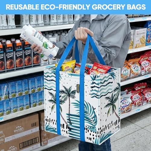 BALEINE 4 PK Grocery Bags Reusable Shopping Bags with Reinforced Bottom, Heavy Duty Foldable Tote Bags (Island Breeze)