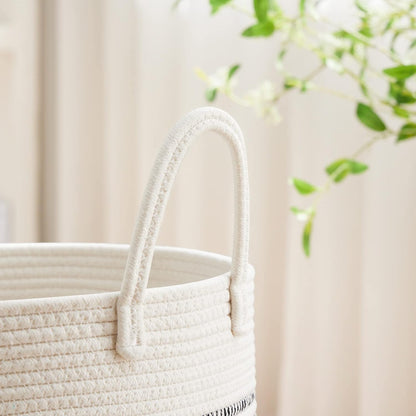 VIPOSCO Large Laundry Hamper, Tall Woven Rope Storage Basket for Blanket, Toys, Dirty Clothes in Living Room, Bathroom, Bedroom - 53L Stripe White